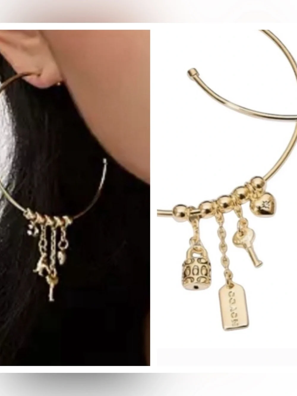COACH DANGLE MULTI CHARM LARGE HOOP EARRINGS - Picture 2 of 8
